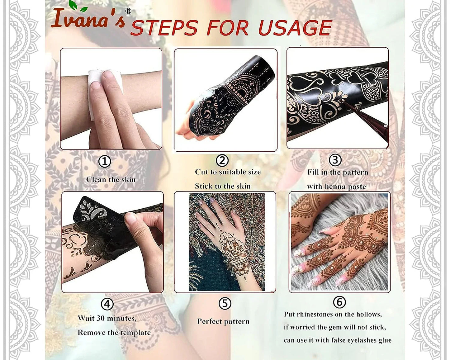 Reusable Mehendi Hand Henna Tattoo Stencil For Women, Girls