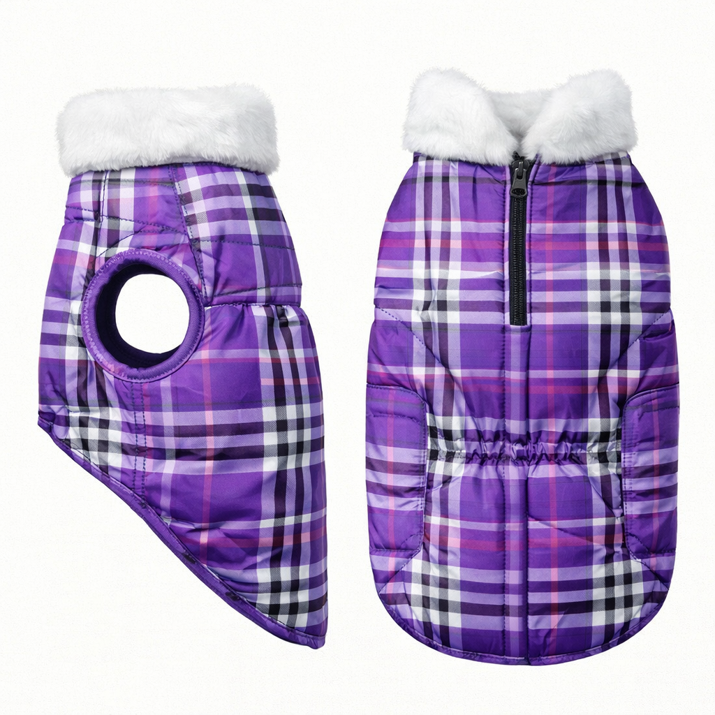 Premium Warm Dog Jacket – Winter-Ready Comfort (Purple Checked)