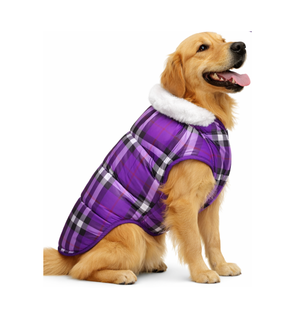 Premium Warm Dog Jacket – Winter-Ready Comfort (Purple Checked)