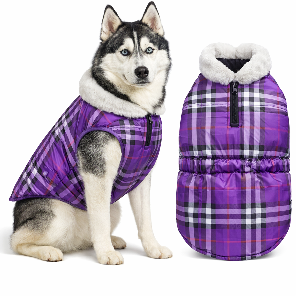 Premium Warm Dog Jacket – Winter-Ready Comfort (Purple Checked)