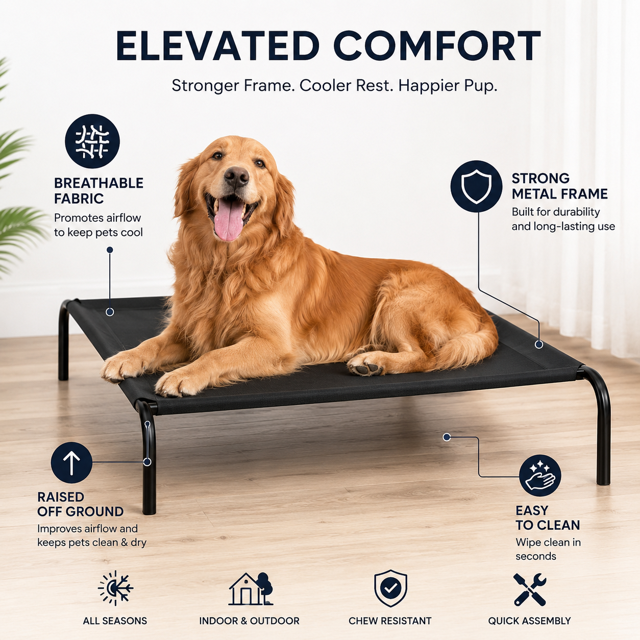 Premium Elevated Dog Bed – All Black Breathable Pet Cot for Indoor & Outdoor Comfort