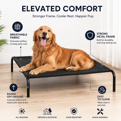 Premium Elevated Dog Bed – All Black Breathable Pet Cot for Indoor & Outdoor Comfort